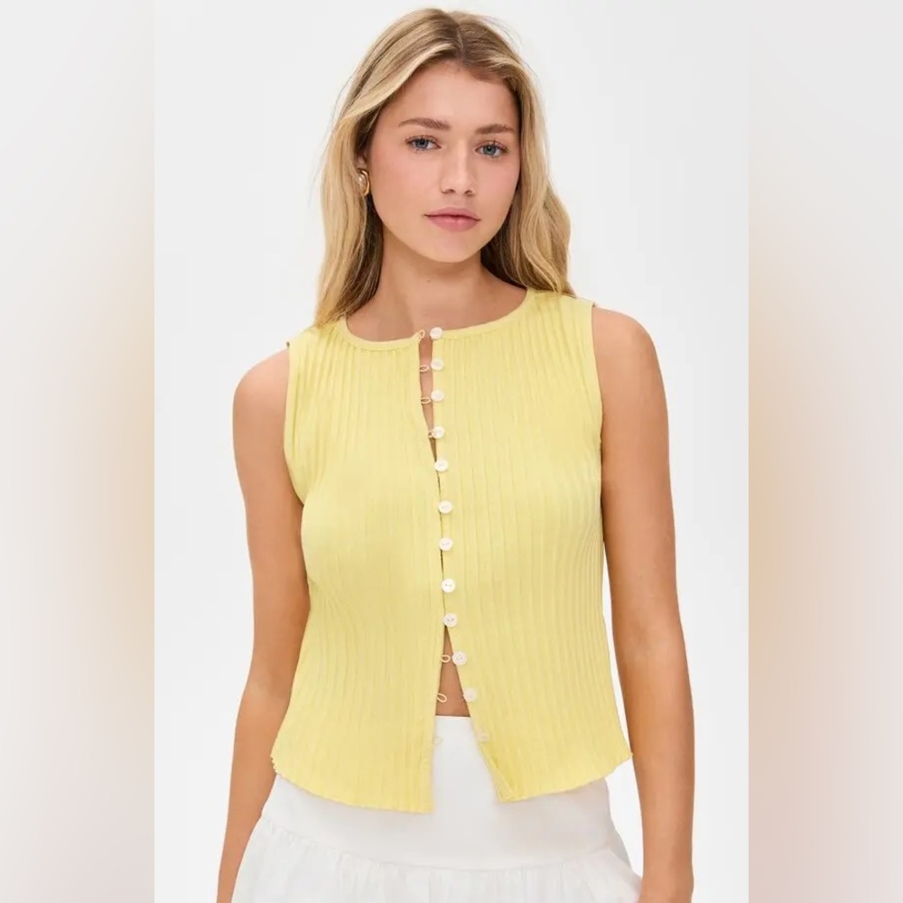 Free People Yellow Ribbed Button-Front Tank